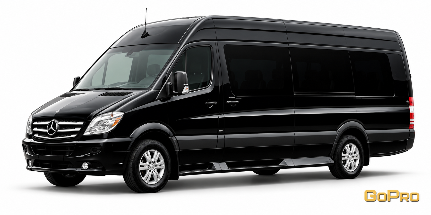 Black Mercedes-Benz Sprinter passenger van in a studio shot