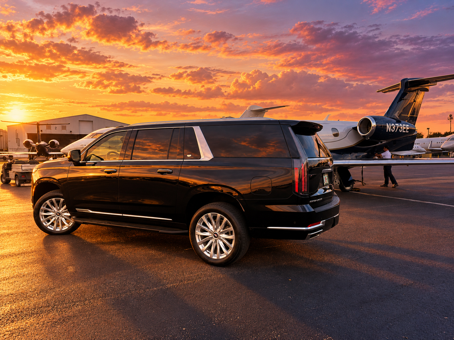 Black luxury SUV parked beside a private jet at sunset